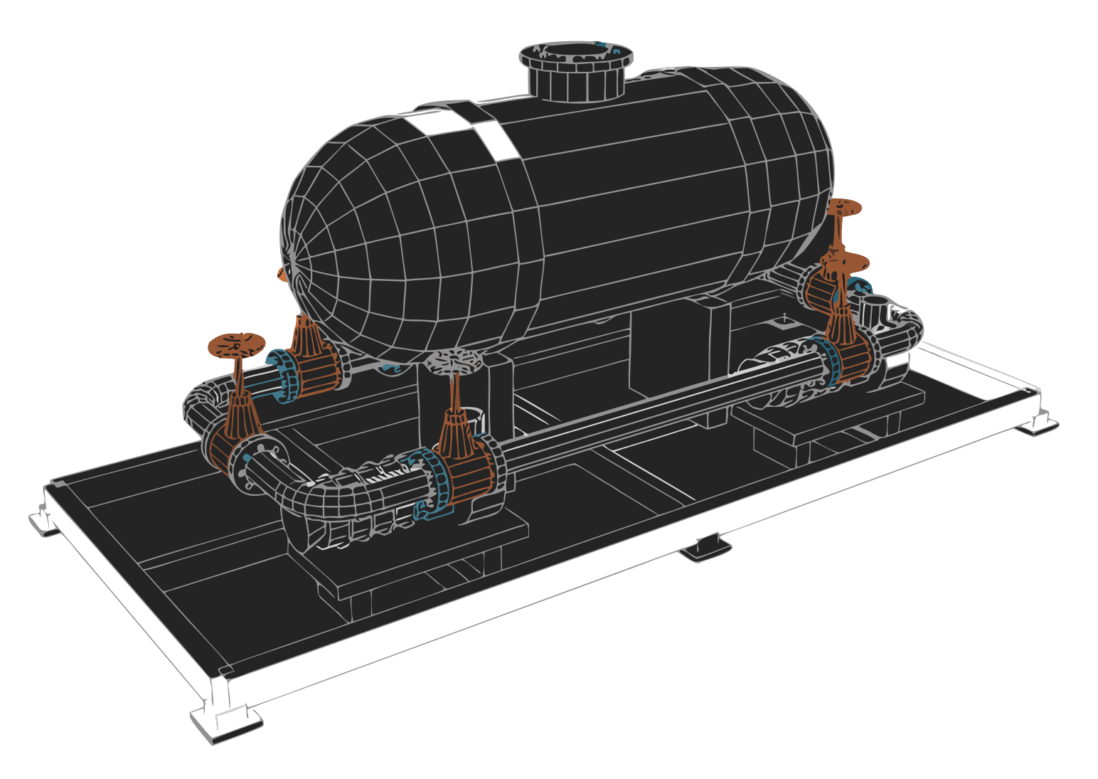 Wireframe 3D model of a vessel and piping skid